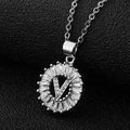 Macro detail of silver V-letter pendant with baguette-cut cubic zirconia on O-chain - Silver Letter V