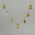 Gold plated seashell and starfish charm necklace with freshwater pearl and letter Z pendant - Letter Z