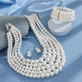 Elegant multi-layer pearl necklace set with matching bracelet and earrings in pearl white - 5-Row Pearl Necklace Bracelet Earring Set
