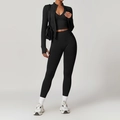 Ensemble de yoga noir sans couture 3 pièces avec veste, brassière et legging taille haute - S / Haut Et Bas / Ensemble 3 Pièces (Soutien-Gorge+Pantalon+Veste) / Noir Premium