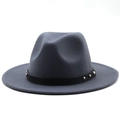 Detailed texture of charcoal wool fedora featuring a black leather belt with silver rivets - M (56-58cm) / Dark Gray