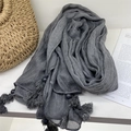 Close-up of gray voile scarf featuring unique beaded tassel fringe and pleated texture - 77*180cm / Gray