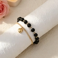Couples layered bracelet set featuring black beads and golden heart pendant - Black Bead Chain & Gold Thin Chain - Heart Pendant
