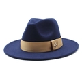 Detail of dark blue fedora hat featuring light brown silk band and golden bee charm - Navy Blue