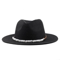 Classic black straw fedora sun hat with beaded band detail for outdoor summer travel - Black