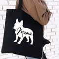 Black canvas tote bag featuring a white French bulldog silhouette with Mama print - Frenchie Mama Print