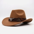 Brown felt western cowboy hat with leather band and silver longhorn bull skull accessory - Khaki
