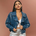 Deep navy blue PU faux leather lapel jacket for women featuring a cropped biker style cut - XS / Blue