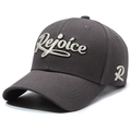 Dark gray baseball cap with white Rejoice embroidery and pre-curved brim for outdoor wear - Adjustable / Gray