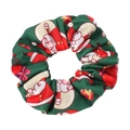 Detailed view of dark green Christmas scrunchie with Santa Claus and gift box patterns - Dark Green