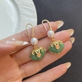 New Chinese style beaded earrings with green jade, white pearls and gold metal finish - E4232/Gold Green Jade White Bead