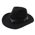 Dettaglio cappello cowboy nero in feltro con testa di toro e ricamo floreale sulla fascia - M(56-58cm) / Nero (Testa di Toro + Ricamo Floreale)