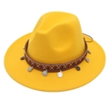 Macro detail of ethnic silver-style pendants on the yellow wide brim felt jazz hat - M (56-58cm) / Yellow