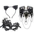 Detail of gothic black lace accessories set with choker, eye mask and cat ear headband - Set 4