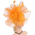 Elegant orange mesh fascinator hat with decorative floral feathers for formal parties - Orange