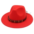 Detail of red wide brim fedora hat with ethnic style leather band and metal charms - Orange Red