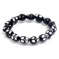 Gothic style black skull bead bracelet with white facial details and elastic cord design - Black