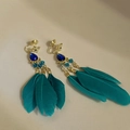 Bohemian gold tassel earrings with dark blue teardrop stones and natural blue feathers - 34# Bohemian Tassel Feather Ear Clip - Gold