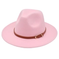 Detail of soft pink fedora hat with a brown leather belt buckle on wool felt material - M (56-58cm) / Pink