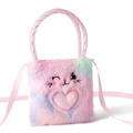 Sac à bandoulière en peluche arc-en-ciel rose avec broderie pour fillettes et bébés - Lapin - Sangle Rose