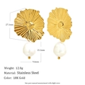 18K gold plated stainless steel floral earrings with irregular pearl drop and measurement data - Lace Edge Pearl Studs - Gold - Ear Clip