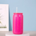 Sublimations 12oz Glasbecher mit pinkfarbenem Glitzer, rosa Deckel und Trinkhalm - 16OZ Einschichtig Kunststoffdeckel Rose Rot