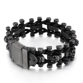 Gothic skull bracelet for men featuring black braided leather and antique silver metal - 18cm