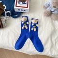 Bright blue mid-calf socks with 3D teddy bear doll and yellow smiley button accessory - One Size / Blue