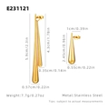 Golden stainless steel teardrop earrings in two sizes with detailed dimension labels - Gold