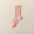 Pink cotton crew socks with white polka dots and sweet ruffled edge trim - Pink