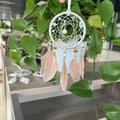 Pink feather dream catcher with silver metal ring and colorful gemstones for car decor - Ms9522p