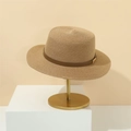 Retro khaki straw sun hat with wide brim and leather strap on a minimal display stand - M (56-58cm) / Khaki