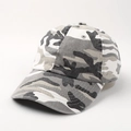 Detailed view of the camouflage cotton fabric and stitched eyelets on a baseball cap - Adjustable (55-60cm) / Grey and White Camouflage
