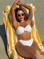 White textured bikini set with golden metal ring detail on beach background - S / White