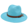 Detail of sky blue straw Fedora hat featuring a dark brown leather belt and gold buckle - Lake Blue