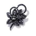Vintage black flower brooch with rhinestones and large pearl in gunmetal finish - Black Large Bead Flower (xz4152)