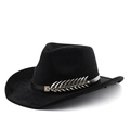 Détail d'un chapeau fedora noir en feutre avec bande en cuir et plume métallique - M (56-58cm) / Noir