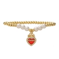 Bracciale di perle dorate e bianche con ciondolo a cuore sacro in smalto rosso e zirconi - Stile Sacro Cuore Rosso (2069YH)