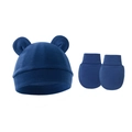 Dark blue baby set including cotton knit beanie with ears and anti-scratch mittens - Hat And Gloves / Royal Blue
