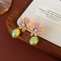 Vintage gold drop earrings with pink enamel flower and green pear pearl charm - Purple Enamel Rhinestone Pearl Studs