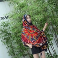 Ethnic style red beach shawl with colorful sun patterns and decorative fringe details - Olive Green-Red Base Blue Yellow Sun / 180cm