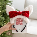 Christmas reindeer headband with white plush ears and a large red velvet bow accessory - No.20 Plush Ears Red Bow