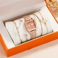 Women's rose gold square watch with pink marble dial and elegant charm bracelets gift set - Watch Bracelet and Gift Box Set / Pink