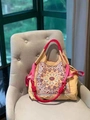 Detail of a yellow embroidered shopping bag with pink straps on a beige chair - M / Beige Paisley