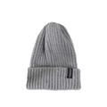 Close-up of grey rib-knit beanie showing the Freedom woven label detail on the folded cuff - Gray