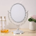 Vintage silver oval desktop makeup mirror with elegant embossed floral metal frame - Oval Silver