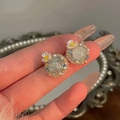 Blue crystal butterfly flower earrings with mint green stone and golden bead details - Mint Green Flower Pearl Studs
