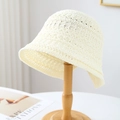 Elegant cream crochet bucket hat for women made of lightweight breathable knit straw - M (56-58cm) / Lotus Wave Edge Style (5642) / White