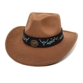 Cappello da cowboy classico in feltro marrone con tesa larga e fascia in cuoio - M (56-58cm) / Cachi