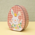 Pink plaid Easter egg tin box with cartoon bunny and chicken Happy Easter design - Style D